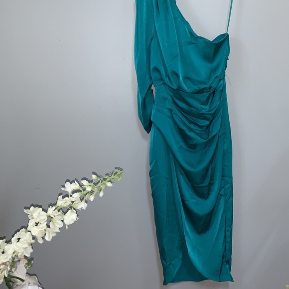 VICI Satin Teal One Shoulder MIDI Dress - Picture 8 of 13